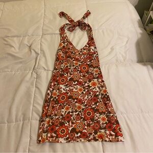 Vibrant Floral Backless Dress - Orange and Brown